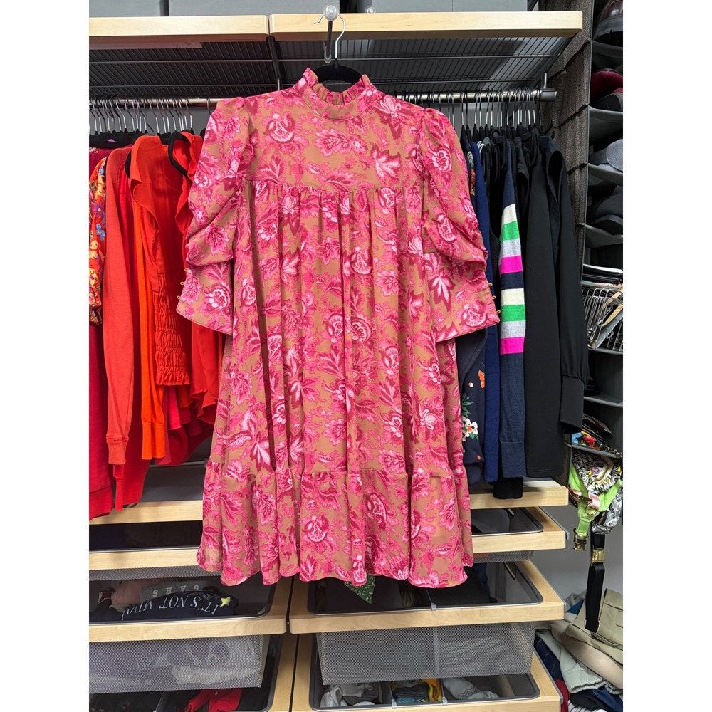 Boohoo Pink Floral High Neck Puff Sleeve Ruffle Tiered Mini Dress US 4 Coquette